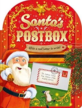 Bright red postbox with festive decorations, featuring Santa Claus holding a sack, and a letter addressed to Santa at the North Pole, embellished with gold accents and a Christmas theme.