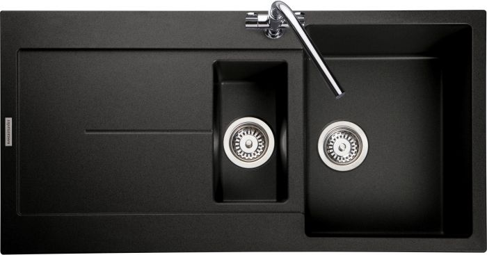 Ash black igneous granite inset sink with a sleek design, featuring two basins and a polished chrome faucet, showcasing a modern and durable finish.