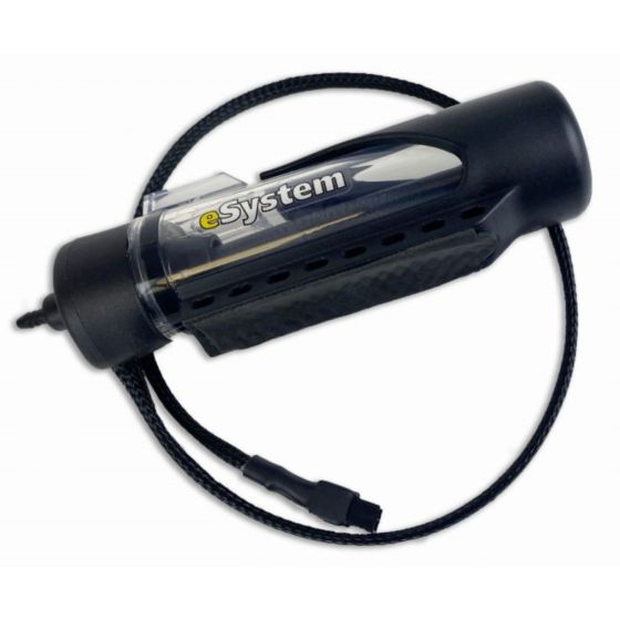 Black and transparent plastic Scottoiler ESystem Reservoir with a carbon fiber texture, featuring a clear chamber, hose attachment, and the "eSystem" logo prominently displayed.