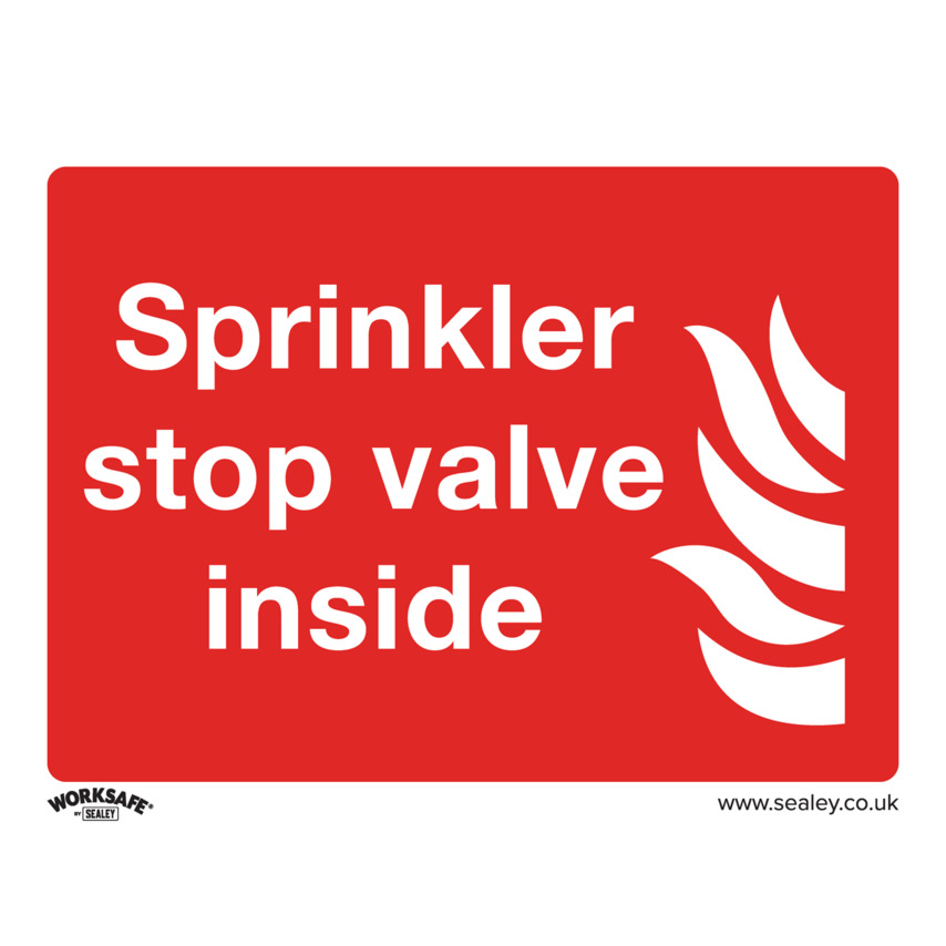 Red self-adhesive safety sign featuring bold white text that reads "Sprinkler stop valve inside," with a stylized white flame graphic on the right.