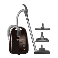 Sebo EB9262 Airbelt E1 Boost EPower Cylinder Vacuum Cleaner in dark chocolate brown, featuring a sleek design, flexible hose, and multiple attachments for versatile cleaning.