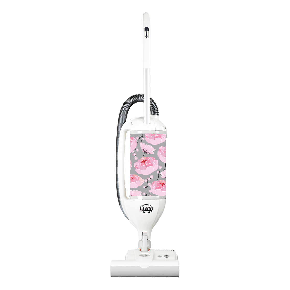White upright vacuum cleaner with a floral peony design in pink and gray, featuring a bagged system and a sleek handle for easy maneuverability.
