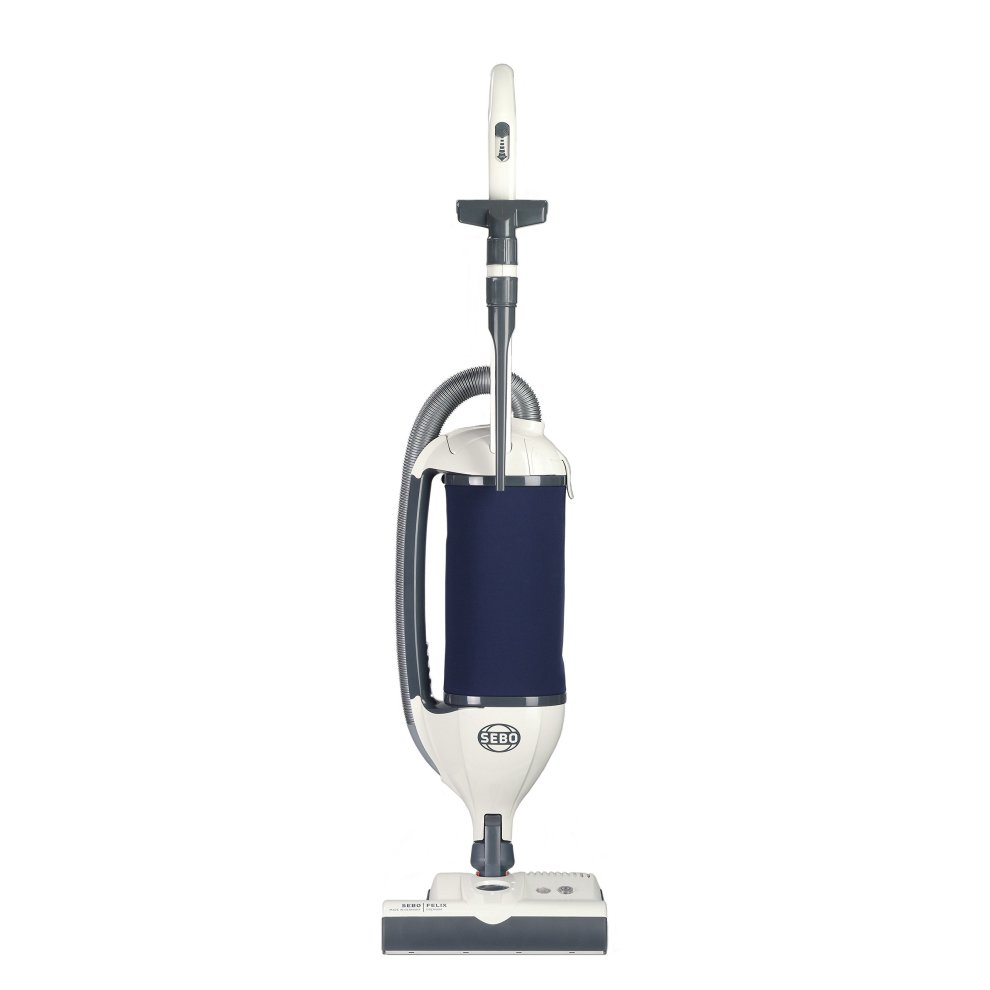 Sebo 90815GB Felix Navy EPower Vacuum Cleaner in navy and white, featuring a sleek design, adjustable height, and a free 5-year guarantee.