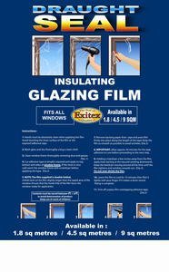 Exitex Secondary Glazing Film packaging, featuring a blue background with white text, images of window installation, and details on sizes (1.8m², 4.5m², 9m²) and insulation benefits.