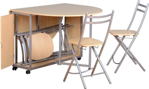 Compact butterfly dining set featuring a beech and silver folding table with a round top, complemented by two brown metal-framed folding chairs.