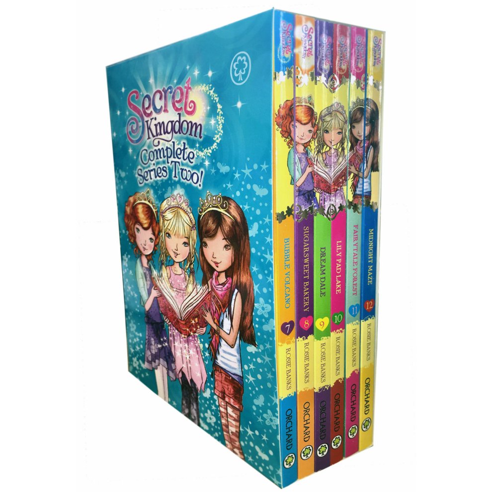 Colorful box set of six "Secret Kingdom" books by Rosie Banks, featuring illustrated covers with three girls, sparkles, and titles in vibrant colors.