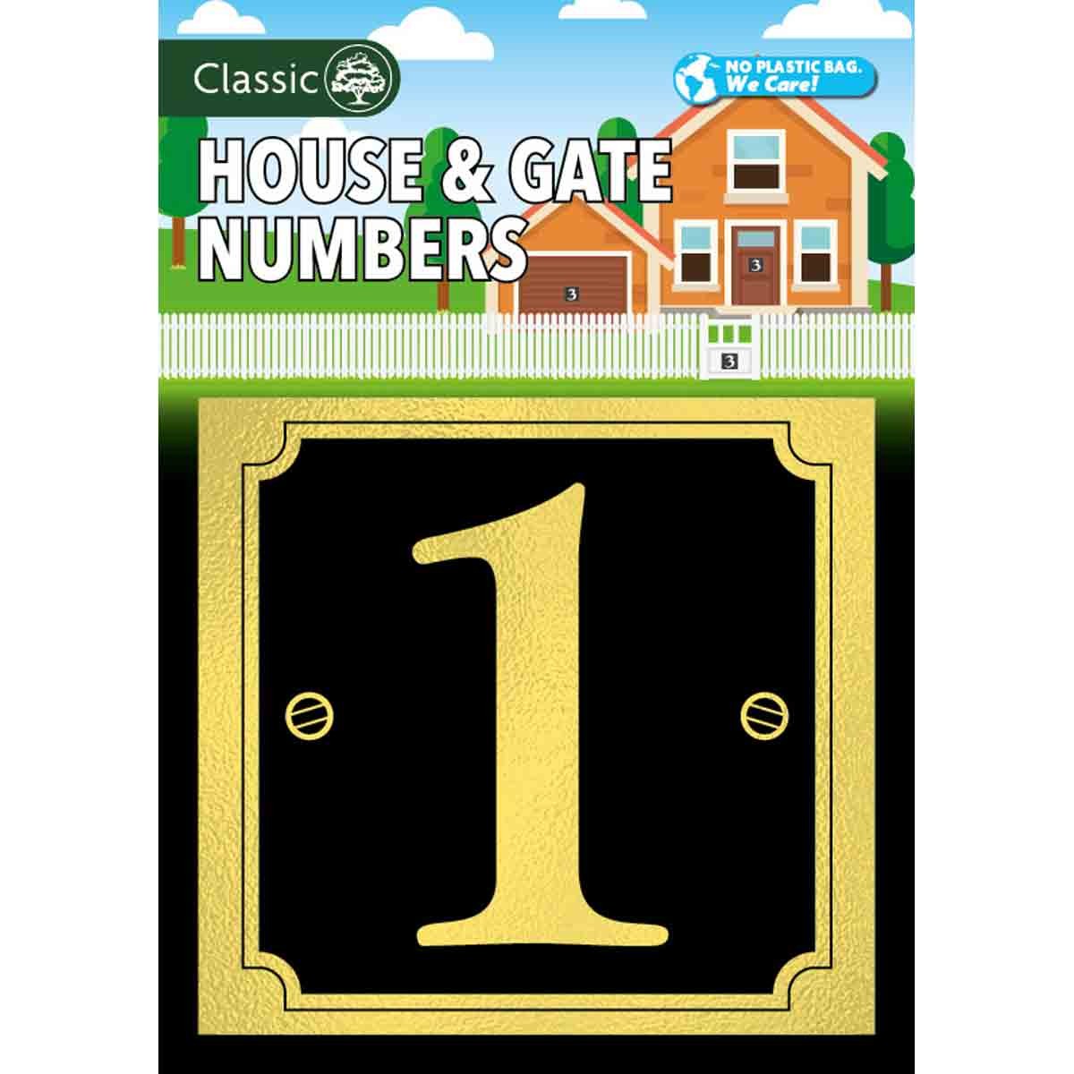 Classic gold number "1" on a black background, featuring a decorative border and two mounting holes, ideal for house or gate signage.