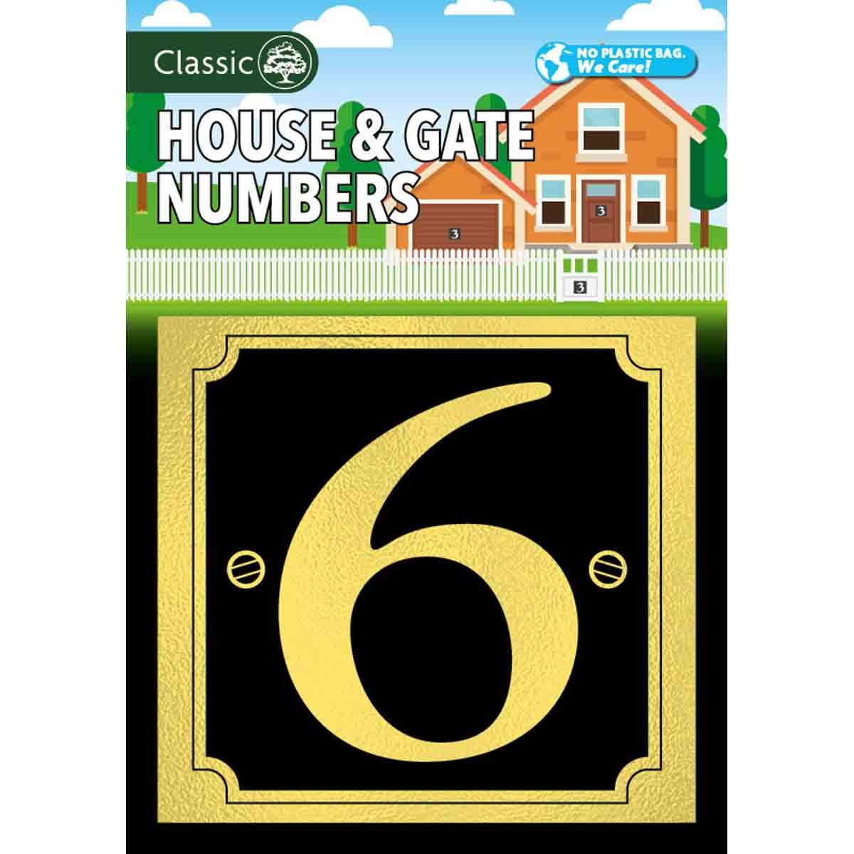 Gold house and gate number "6" on a black background, featuring a classic design with decorative elements and mounting holes for easy installation.