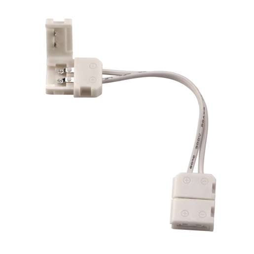 White polar flexible strip corner connector with a plastic body, featuring two wire connectors and a 90-degree angle for easy installation.