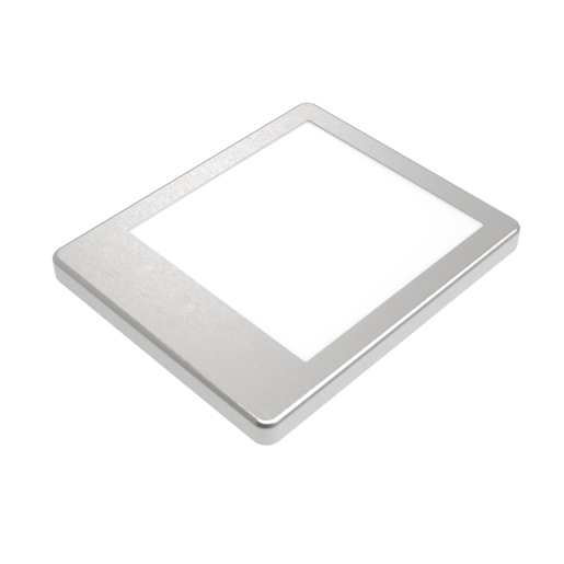 Square under cabinet LED light in stainless steel with a sleek, modern design, featuring a frosted white light panel for even illumination.
