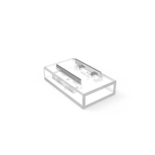 Transparent plastic joining clip with two parallel grooves, designed for flexible strip connections, showcasing a minimalist and functional design.