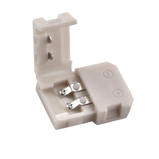 Grey plastic flexible strip joining clip with metal connectors, designed for easy attachment of LED light strips, featuring a compact, angular shape for secure connections.