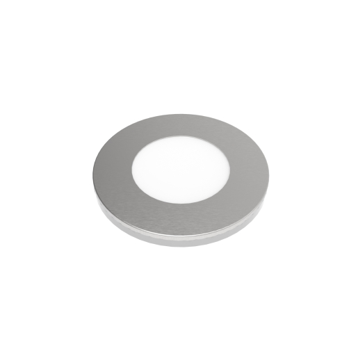 Sleek round LED spotlight in brushed aluminum finish with a white frosted lens, designed for under-cabinet installation, offering a modern, minimalist look.