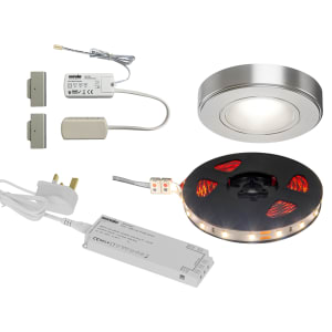 Corner pantry lighting kit featuring a round silver LED light, flexible strip lights, power supply, and connectors, designed for easy installation and enhanced visibility in cabinets.