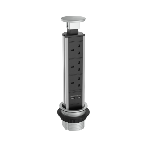 Stainless steel pull-up socket with three power outlets and USB ports, featuring a sleek cylindrical design and a brushed finish for modern interiors.