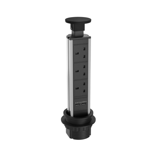 Black pull-up socket with a sleek stainless steel finish, featuring three power outlets and two USB ports, designed for convenient access and modern aesthetics.