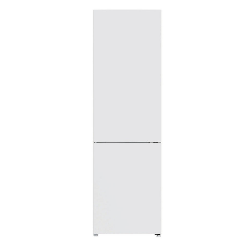 Freestanding white fridge freezer with a total no frost feature, measuring 54.5cm, showcasing a sleek, modern design and a two-door configuration.
