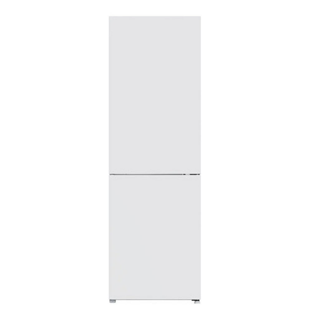 Freestanding white frost-free fridge freezer with a sleek design, featuring a top refrigerator section and a bottom freezer compartment, ideal for modern kitchens.