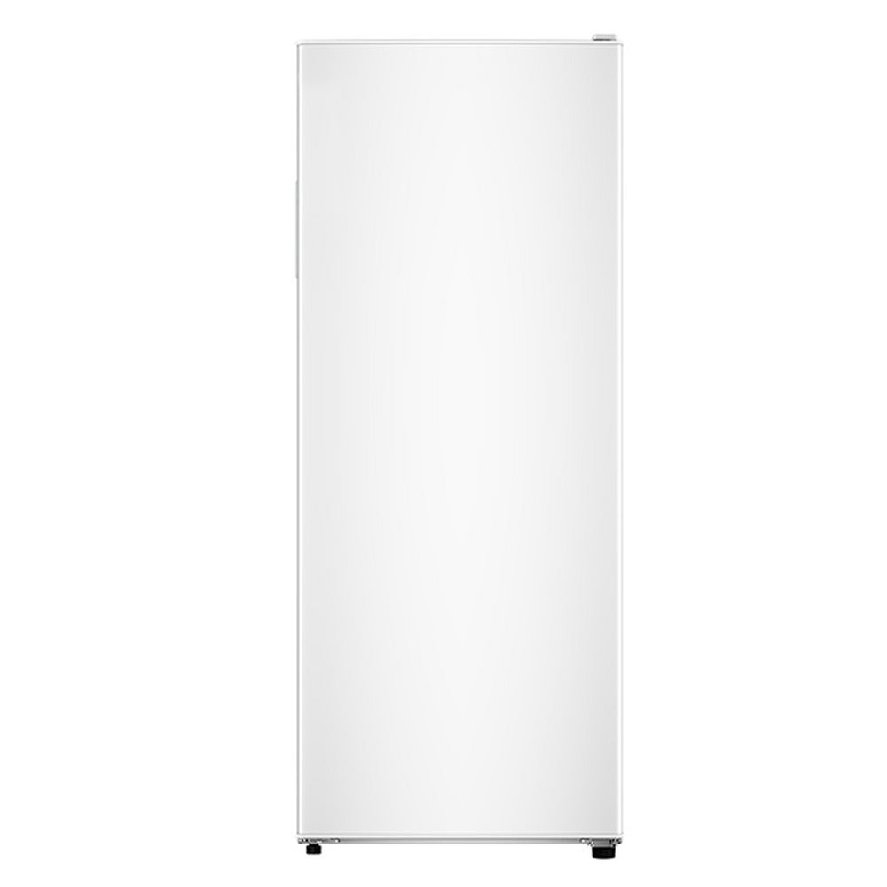 Freestanding low frost tall freezer in white, measuring 54.8cm, featuring a sleek, smooth exterior with a minimalist design and adjustable feet for stability.