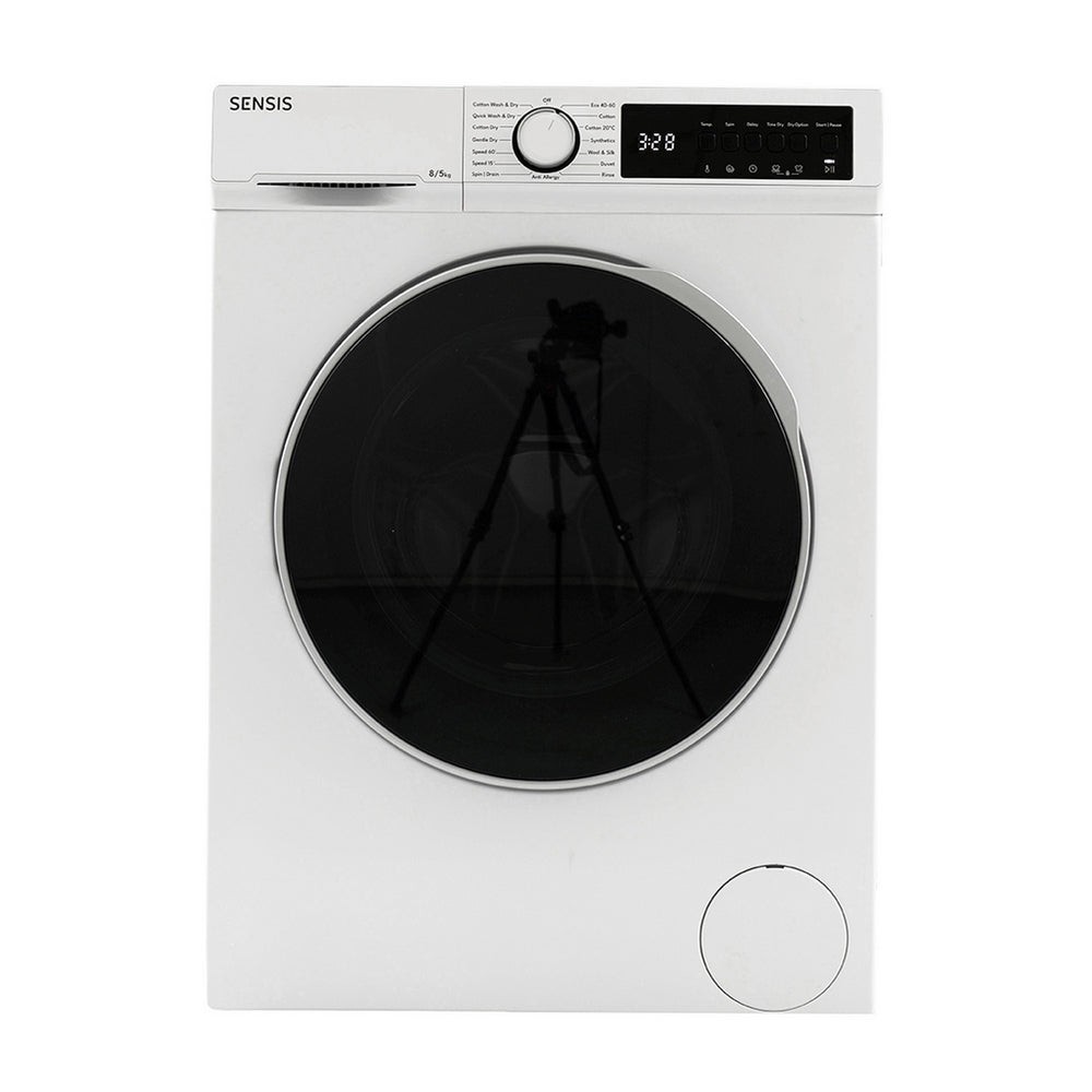 Sensis WDF018514AW washer dryer in white, featuring a large black glass door, digital control panel with display, and a sleek, modern design.