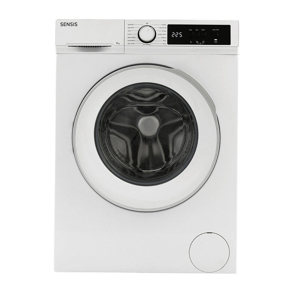 White Sensis WMF01914AW washing machine with a 9kg capacity, 1400 RPM spin speed, a large circular glass door, and a digital control panel featuring buttons and a display.