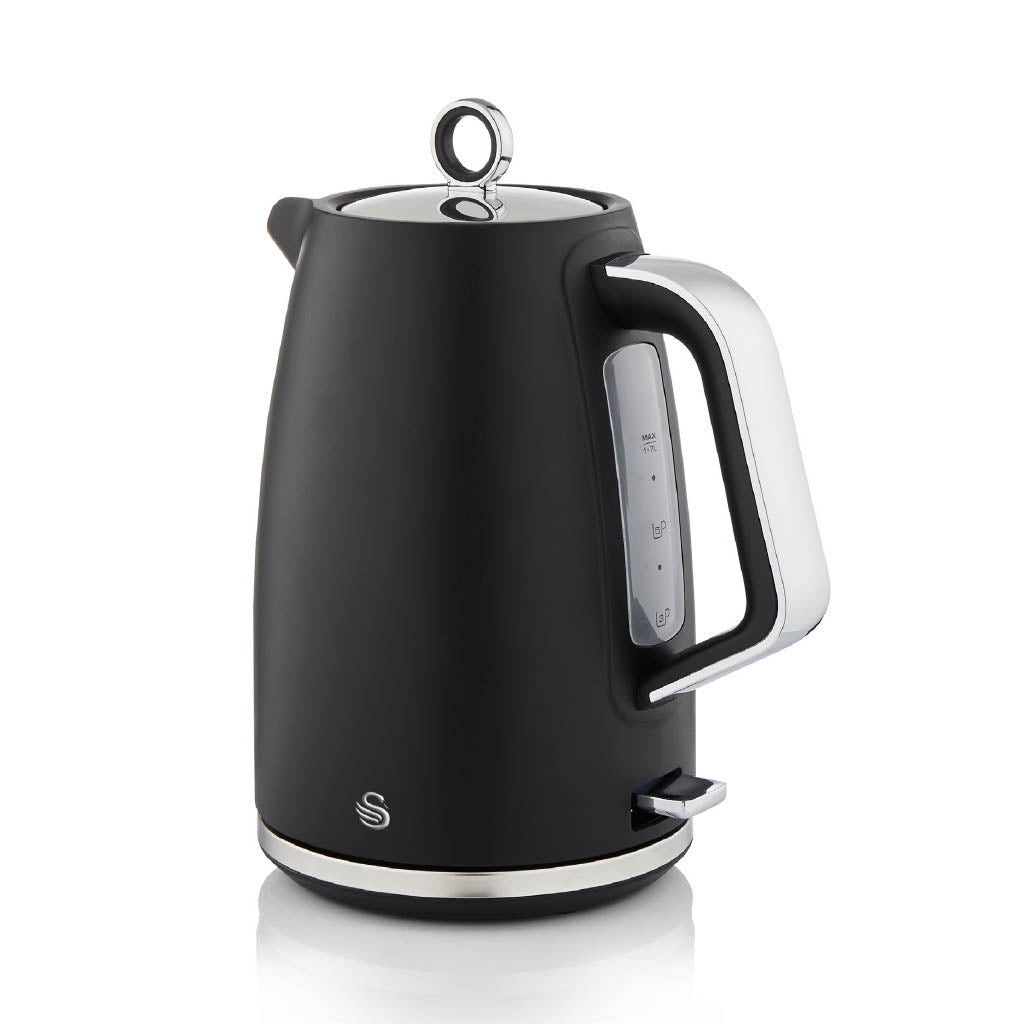 Swan's Serenity 1.7 Litre Jug Kettle features a sleek black matte finish, a stainless steel handle, a clear water level indicator, and a polished chrome base.