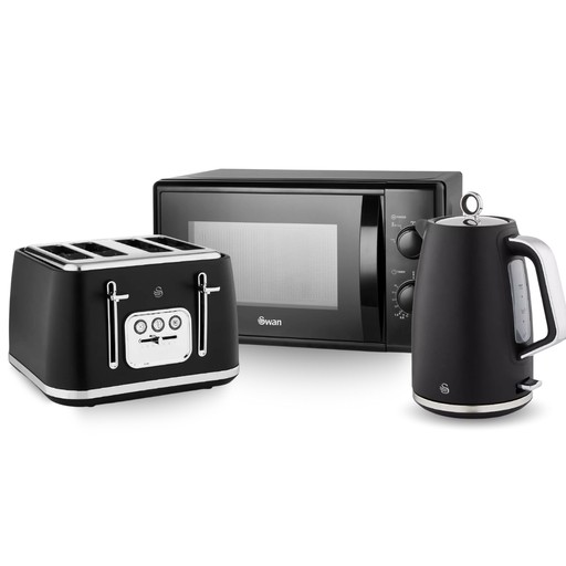 Black Swan microwave, 4-slice toaster, and 1.7L jug kettle set, featuring a sleek design with stainless steel accents and easy-to-use controls.