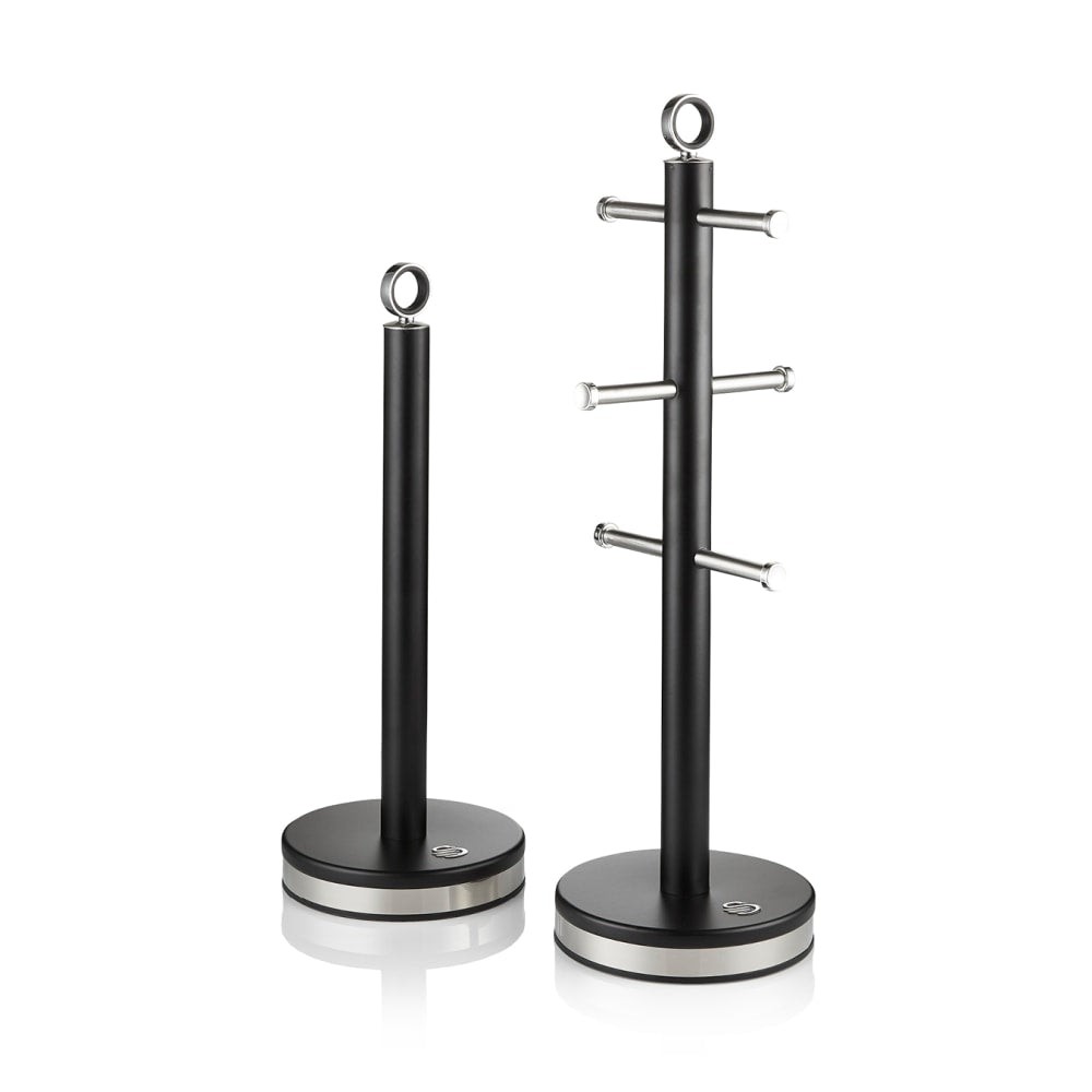 Black towel pole and mug tree set with a sleek design, featuring a sturdy base, stainless steel accents, and three hooks on the mug tree for hanging mugs.