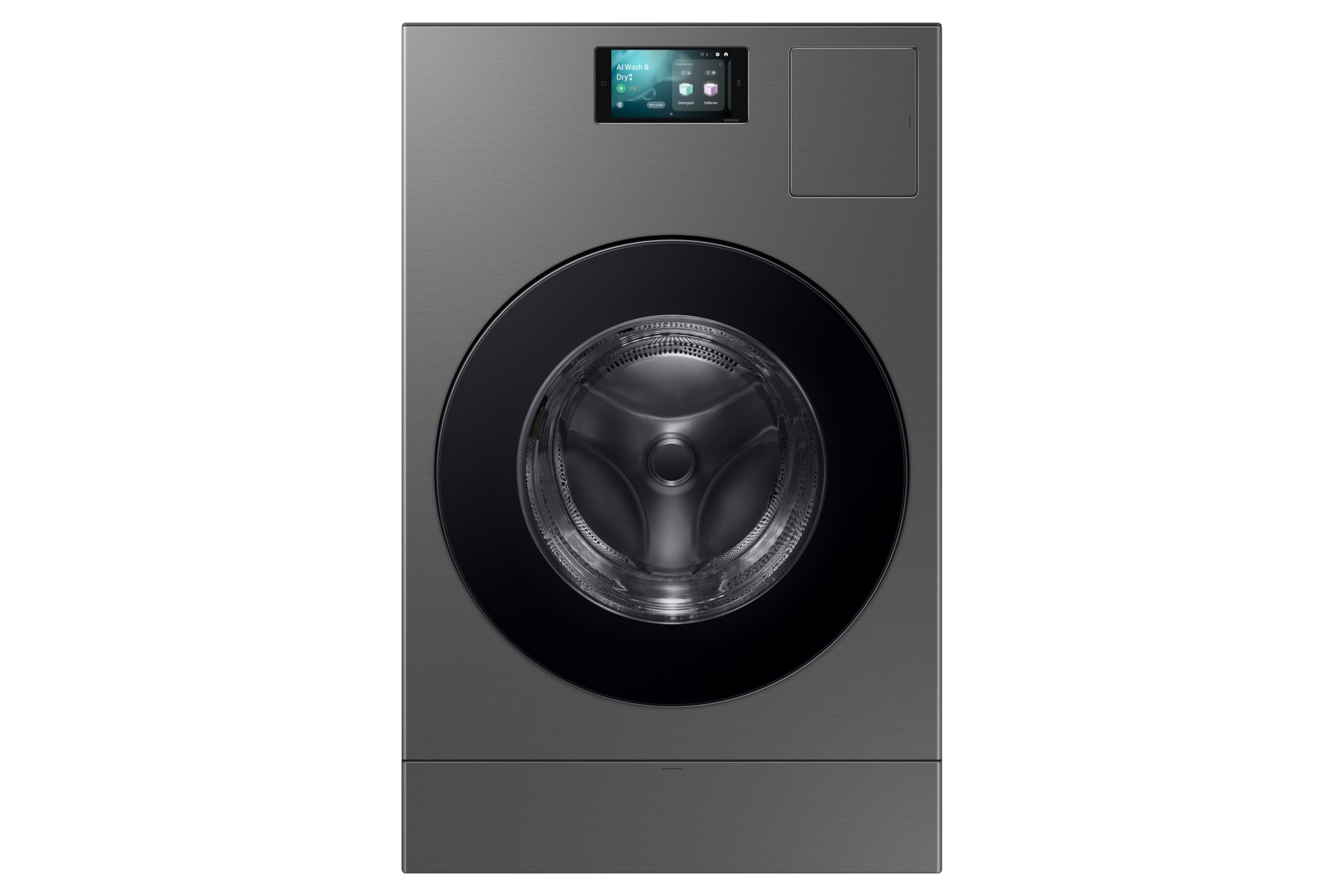 Large capacity Samsung Series 9 Bespoke Ai washer dryer in dark silver, featuring a sleek design, a transparent front door, and a digital display panel.