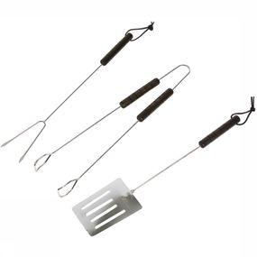 Three-piece BBQ tools set featuring chrome-plated stainless steel spatula, tongs, and fork, each with brown wooden handles and hanging loops for easy storage.
