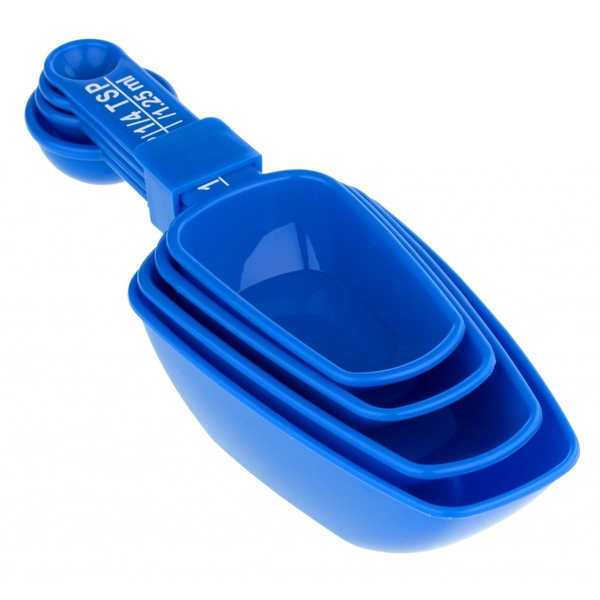 Set of four blue plastic measuring scoops with a handle, featuring different sizes for precise measurements, ideal for cooking and baking.