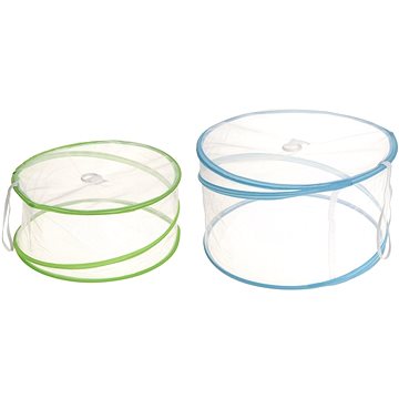 Two collapsible food covers in transparent mesh, one larger with a light blue trim and one smaller with a green trim, designed to protect food from insects.