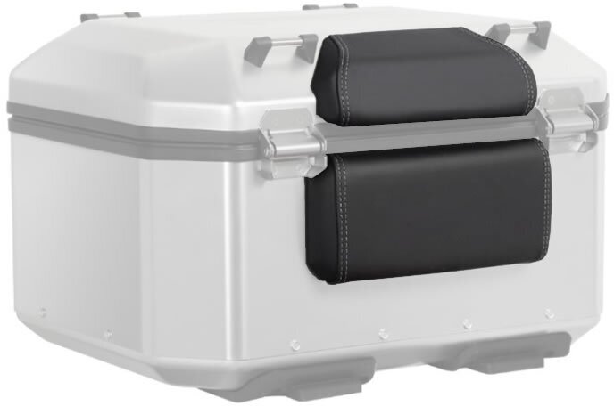 White Shad Terra topcase with a black padded backrest, featuring silver metal hinges and a sturdy design, ideal for motorcycle storage and passenger comfort.