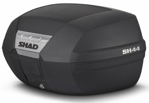 Black SHAD SH44 topcase featuring a sleek design, textured surface, and metallic accents, ideal for motorcycle storage with a secure locking mechanism.