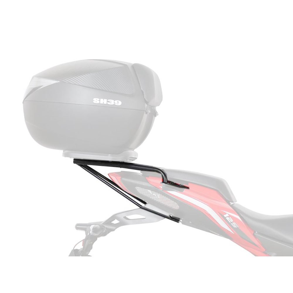 Black Shad Top Master Topcase Fitting with sleek metal rods, designed for secure attachment to motorcycle, featuring a minimalist and durable construction.