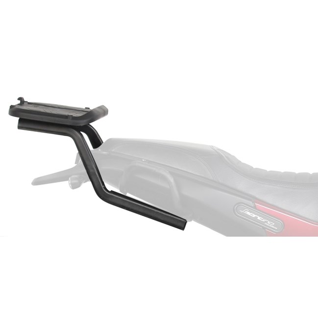 Black SHAD Top Master topcase fitting made of durable metal, featuring a sleek design with a curved arm and a flat mounting plate for secure attachment to motorcycle models.