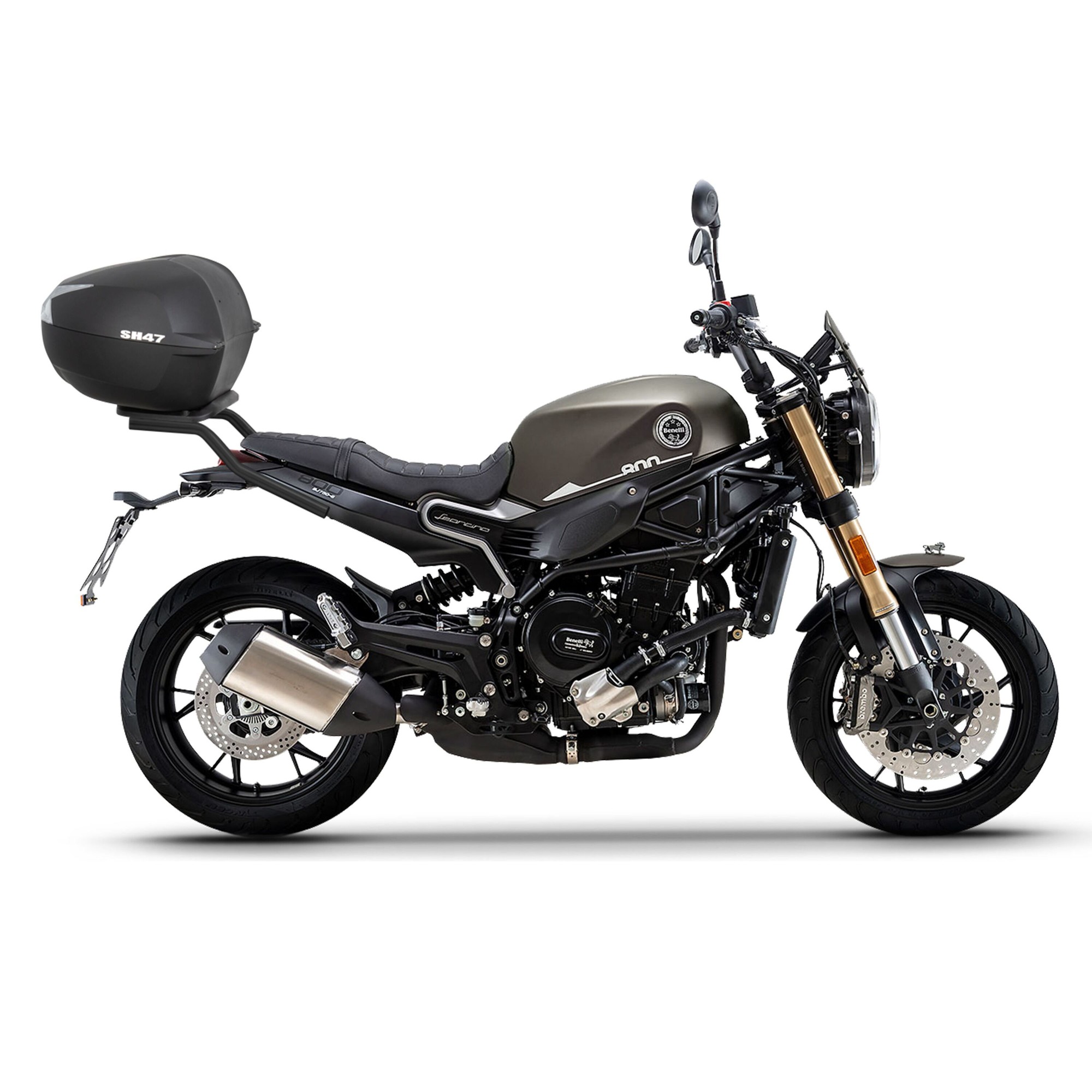Shad Top Case Fitting Kit for Benelli Leoncino 800 features a sleek black design, durable material, and is specifically designed for 2021-2022 models, enhancing storage capacity.
