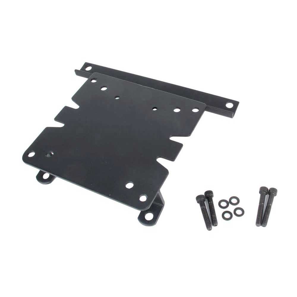 Black metal topcase fitting by Shad, featuring a flat, rectangular base with multiple holes for mounting, accompanied by screws and washers for installation.