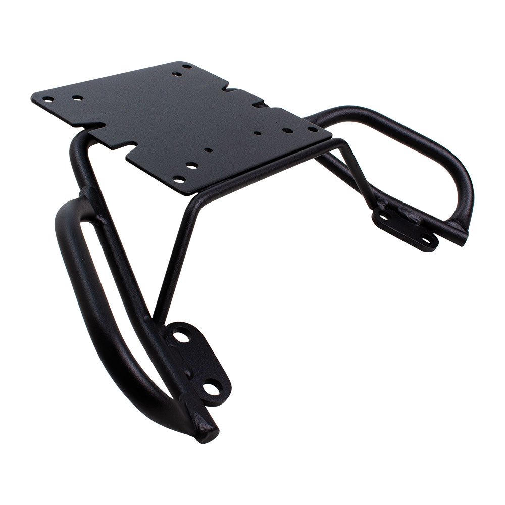 Black metal topcase fitting with a sturdy, flat base and curved support arms, featuring multiple mounting holes for secure attachment.