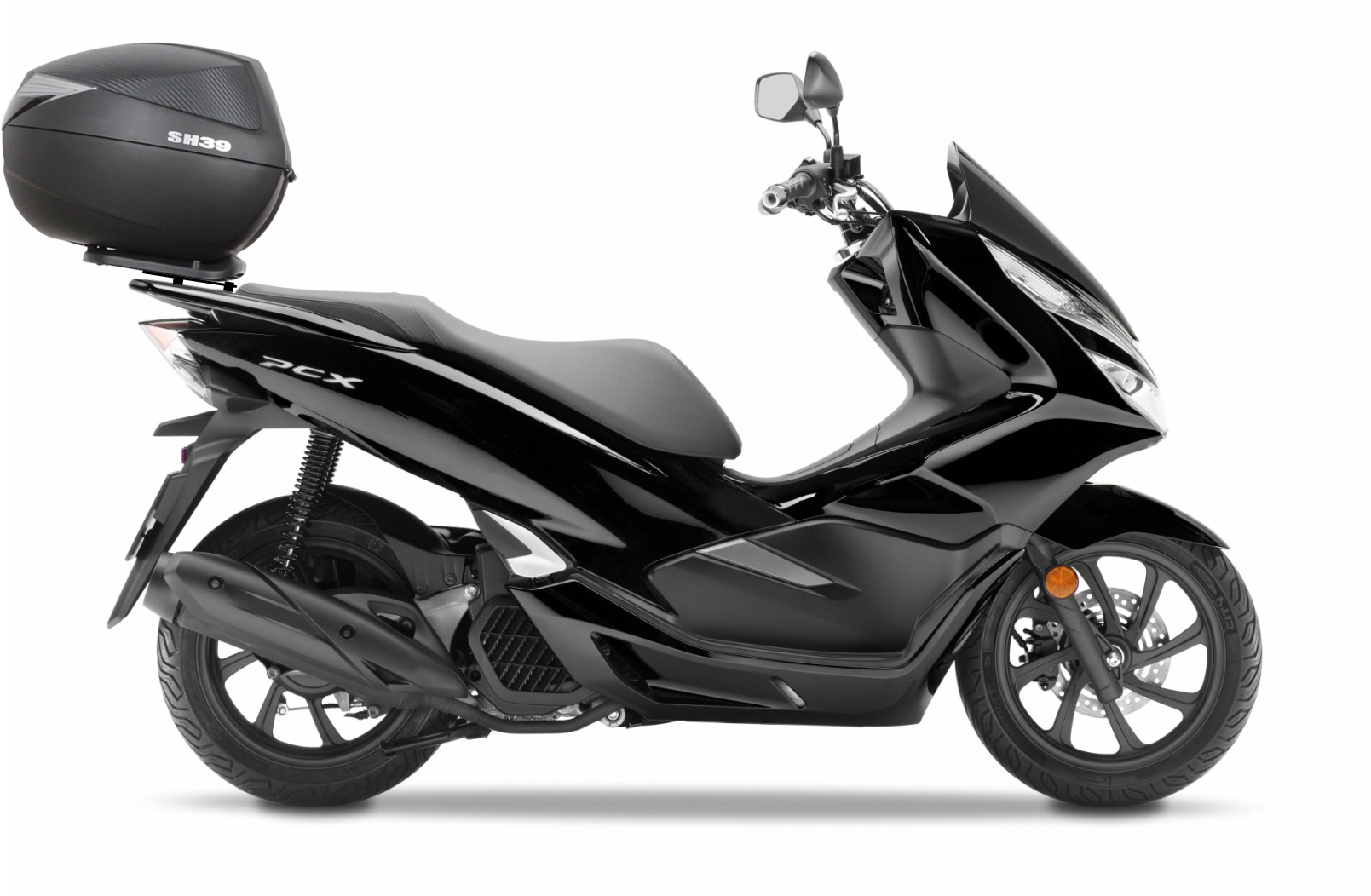 SHAD Top Master Topcase Fitting in black mounted on a sleek black scooter, featuring a streamlined design, sporty wheels, and a prominent rear topcase for storage.
