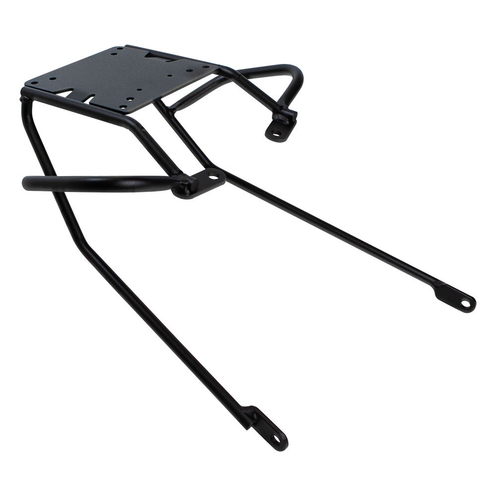 Black metal topcase fitting with a sturdy frame and flat mounting plate, designed for secure attachment to motorcycles, featuring two elongated support arms.