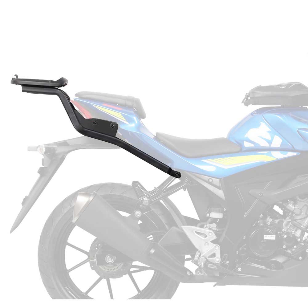 Black Top Master Topcase Fitting by Shad, featuring a sturdy metal frame, designed for easy attachment to motorcycle rear, with a sleek, minimalist design.