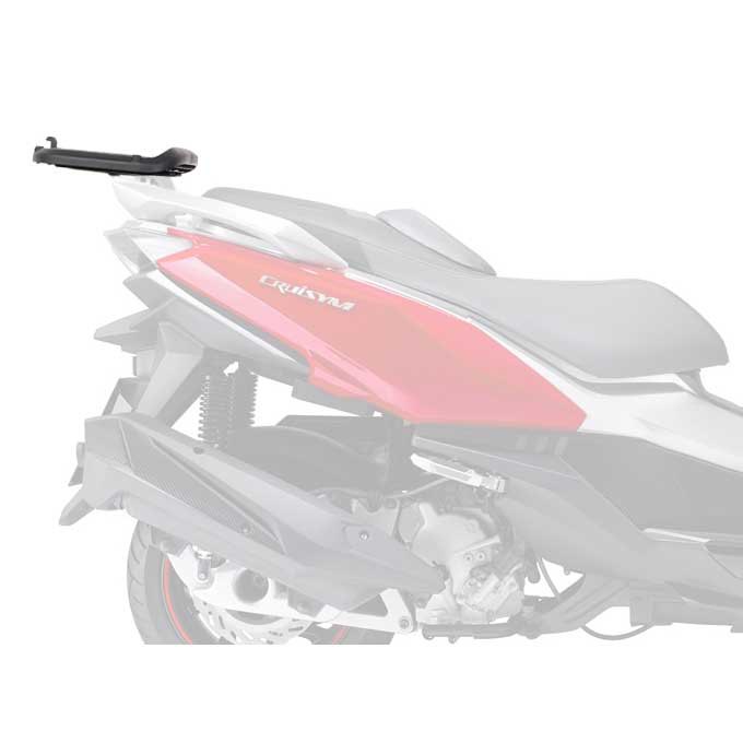Black Top Master Topcase Fitting by Shad, designed for a 25 cm topcase, featuring a sturdy metal construction and a sleek, streamlined profile, mounted on a motorcycle.