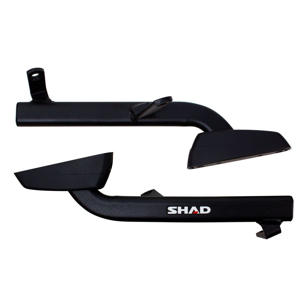 Black metal topcase fitting by Shad, featuring a sleek design with a matte finish, includes mounting brackets for secure attachment to a motorcycle, size 45 cm.