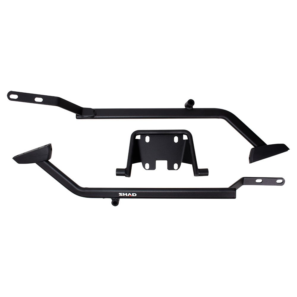 Black metal topcase fitting kit from Shad, featuring sturdy brackets and a central mounting plate, designed for secure attachment to motorcycle frames.