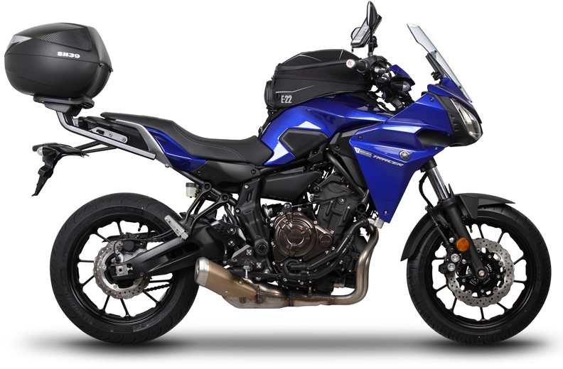 Top Master Topcase Fitting by Shad, featuring a sleek black design, mounted on a blue motorcycle, with a 65 cm capacity for secure storage.