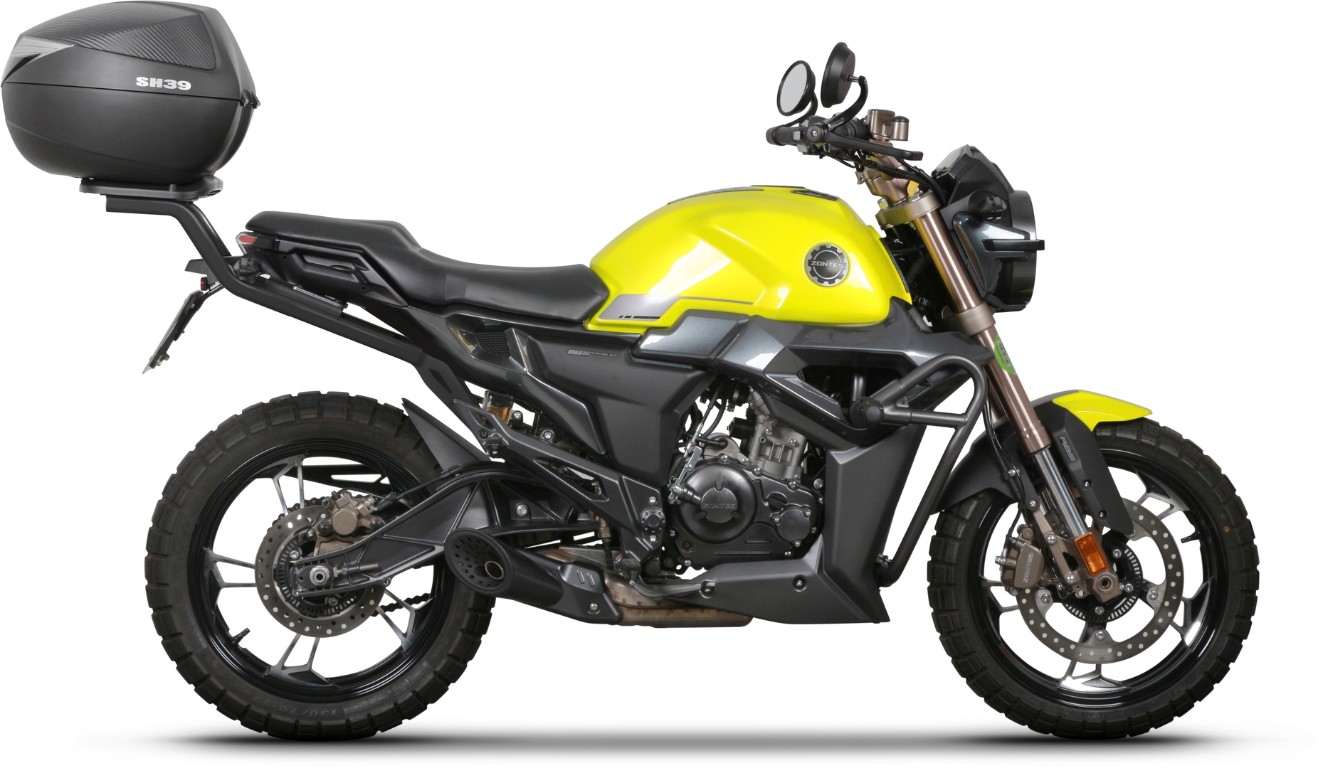 Top Master Topcase Fitting by Shad features a sleek black design, sturdy metal construction, and is mounted on a vibrant yellow motorcycle with rugged tires and a modern frame.