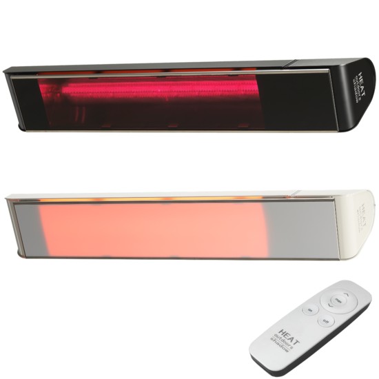 Black and white glass-fronted patio heater with a sleek design, featuring a red heating element and a remote control for easy operation.