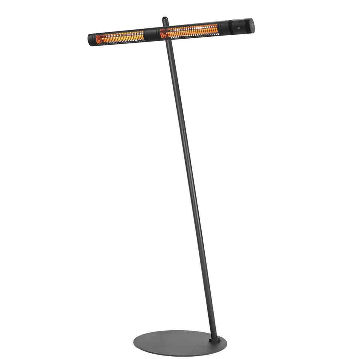 Black Shadow II 3Kw Ulg remote heater with a sleek tilt stand, featuring a cylindrical heating element and a sturdy circular base for stability.
