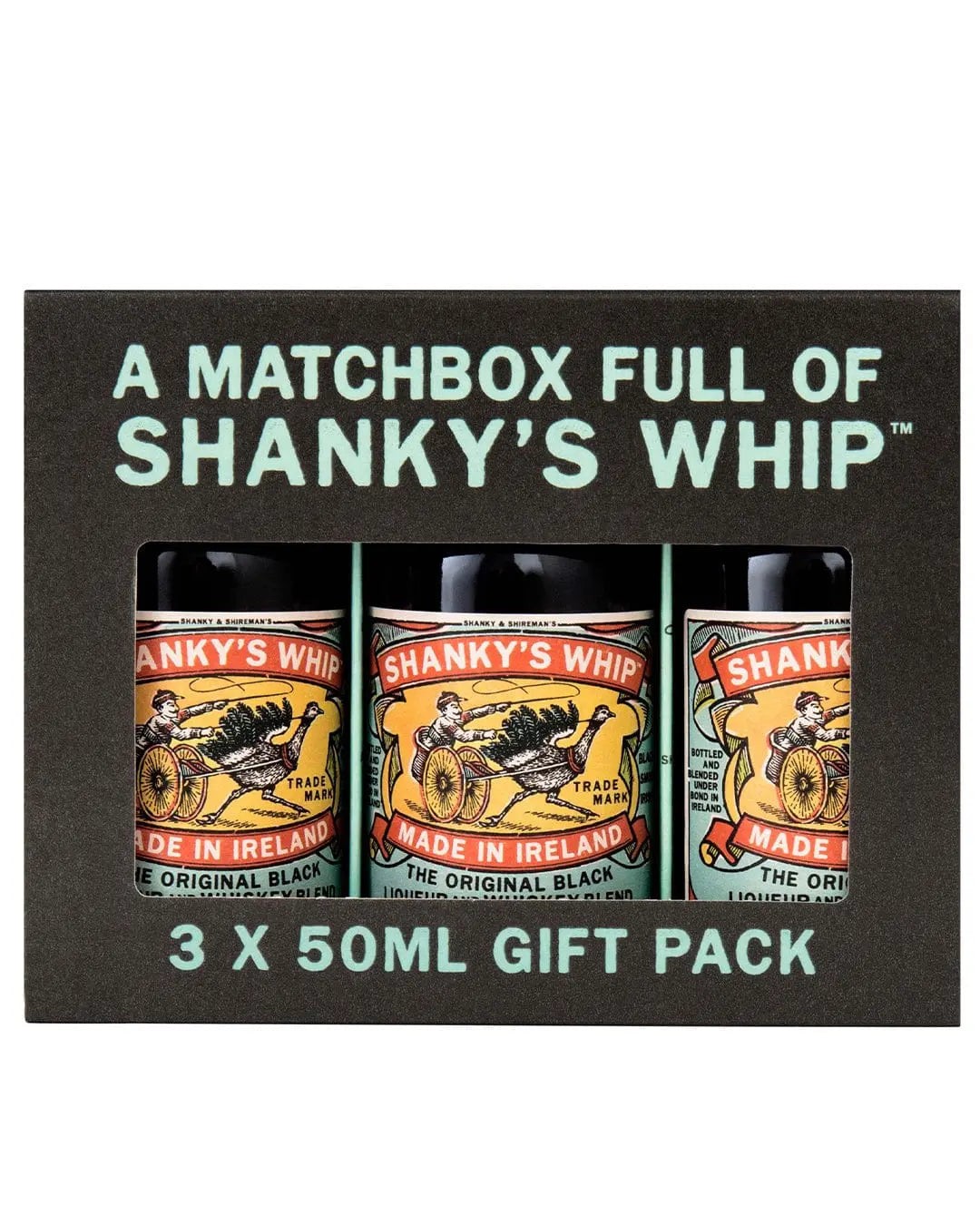 Three miniature bottles of Shanky's Whip Black Irish Liqueur, each 50ml, displayed in a matchbox-style gift pack with vibrant labels featuring a vintage design and bold text.